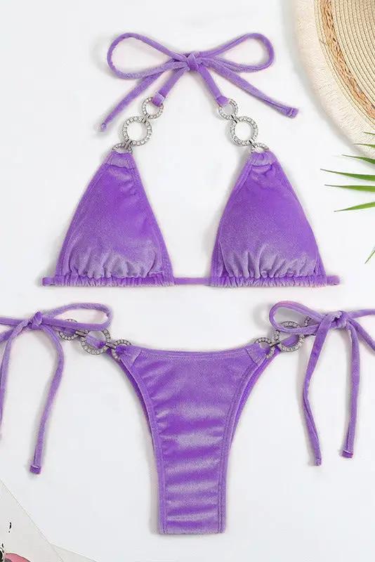 Lavender Velvet Rhinestone Triangle Cheeky Sexy 2Pc Swimsuit Set Bikini