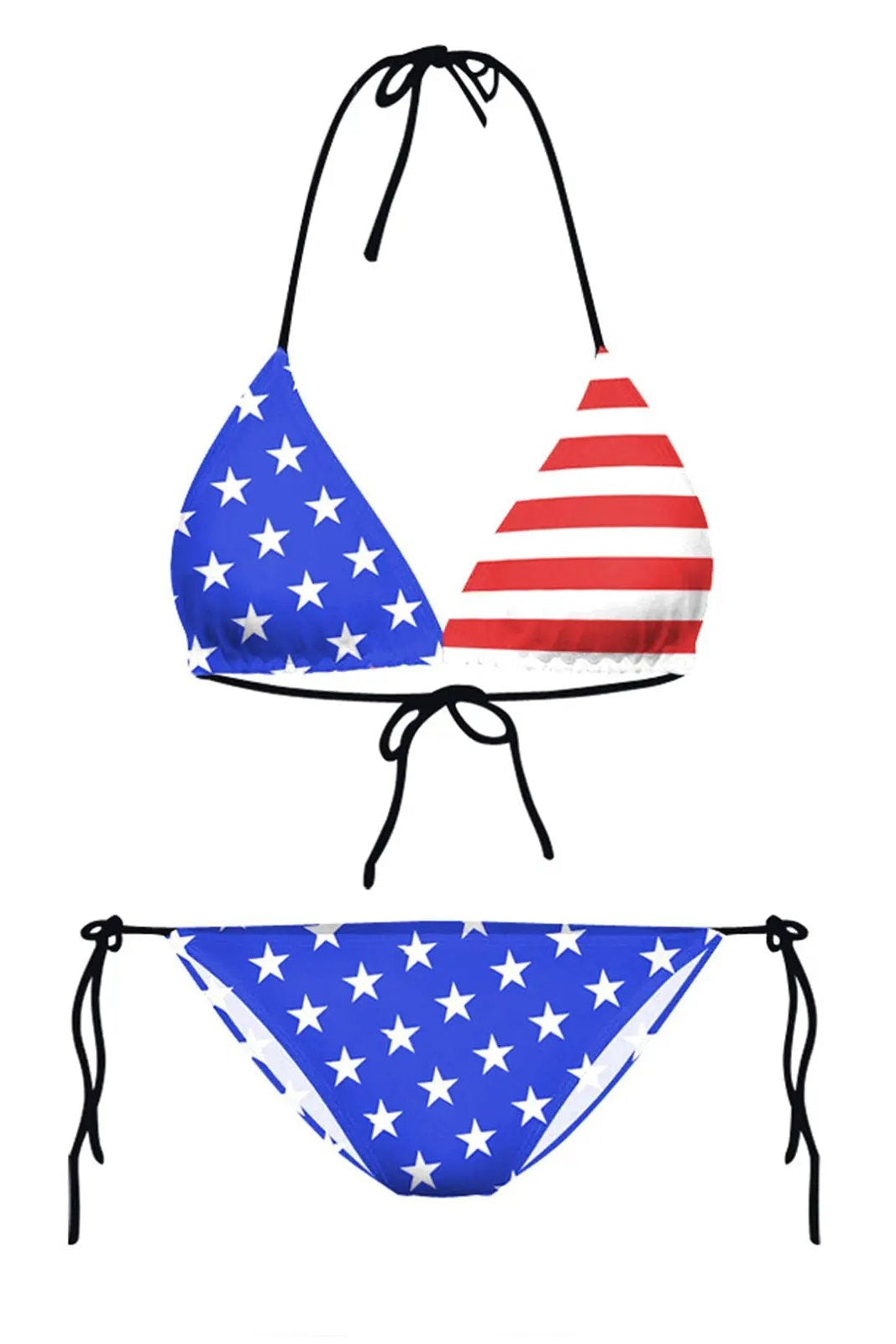 Blue White Star Red American Flag Triangle Black Strap Sexy 2Pc Swimsuit Set Bikini