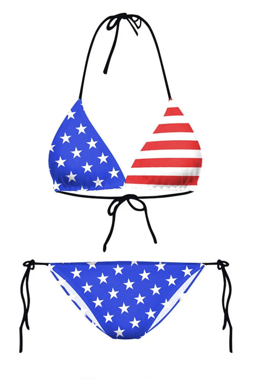 Blue White Star Red American Flag Triangle Black Strap Sexy 2Pc Swimsuit Set Bikini