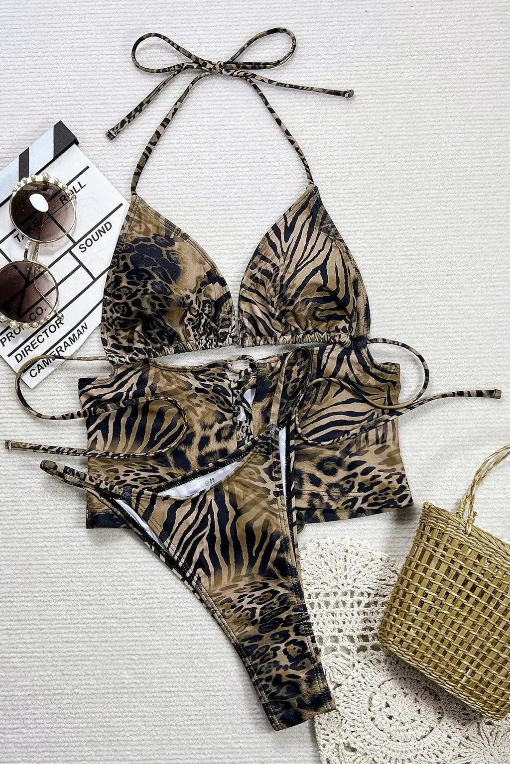 Leopard Print Triangle Corset Cheeky Sexy 2Pc Swimsuit Set