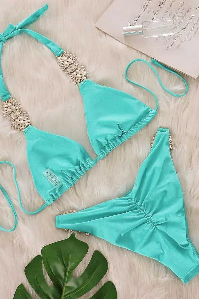 Mint Silky Big Rhinestone Decor Ruched Back Sexy 2Pc Swimsuit Set Bikini