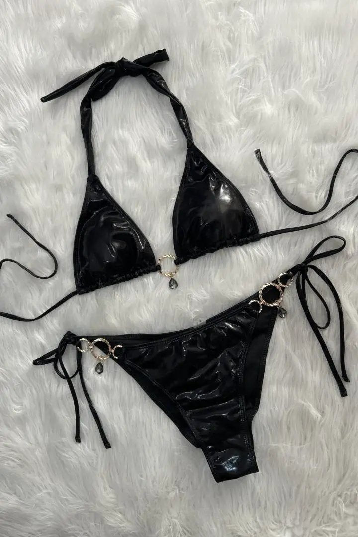 Black Metallic O-Ring Rhinestone Ruched Back Sexy 2Pc Swimsuit Bikini