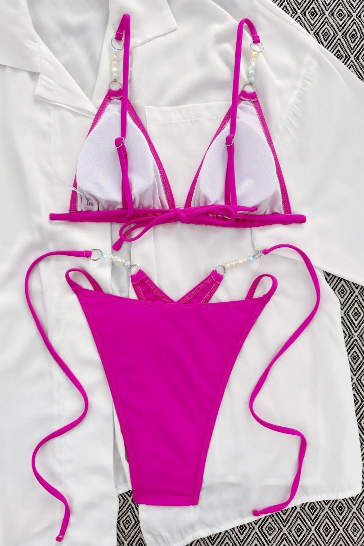 Fuchsia Pink Pearl Strappy Sexy 2Pc Swimsuit Set Bikini