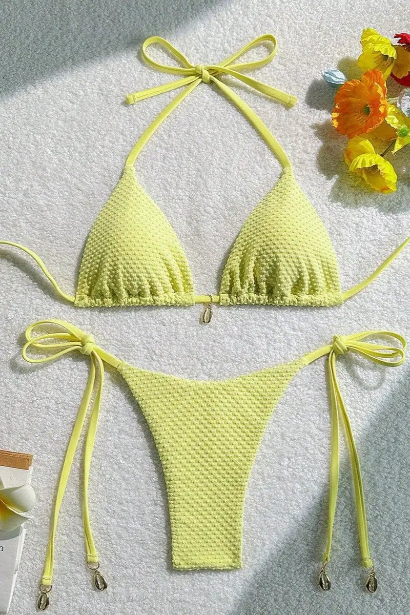 Yellow Dot Texture Fabric Gold Shell Charm Ruched Butt Sexy 2Pc Swimsuit Set Bikini