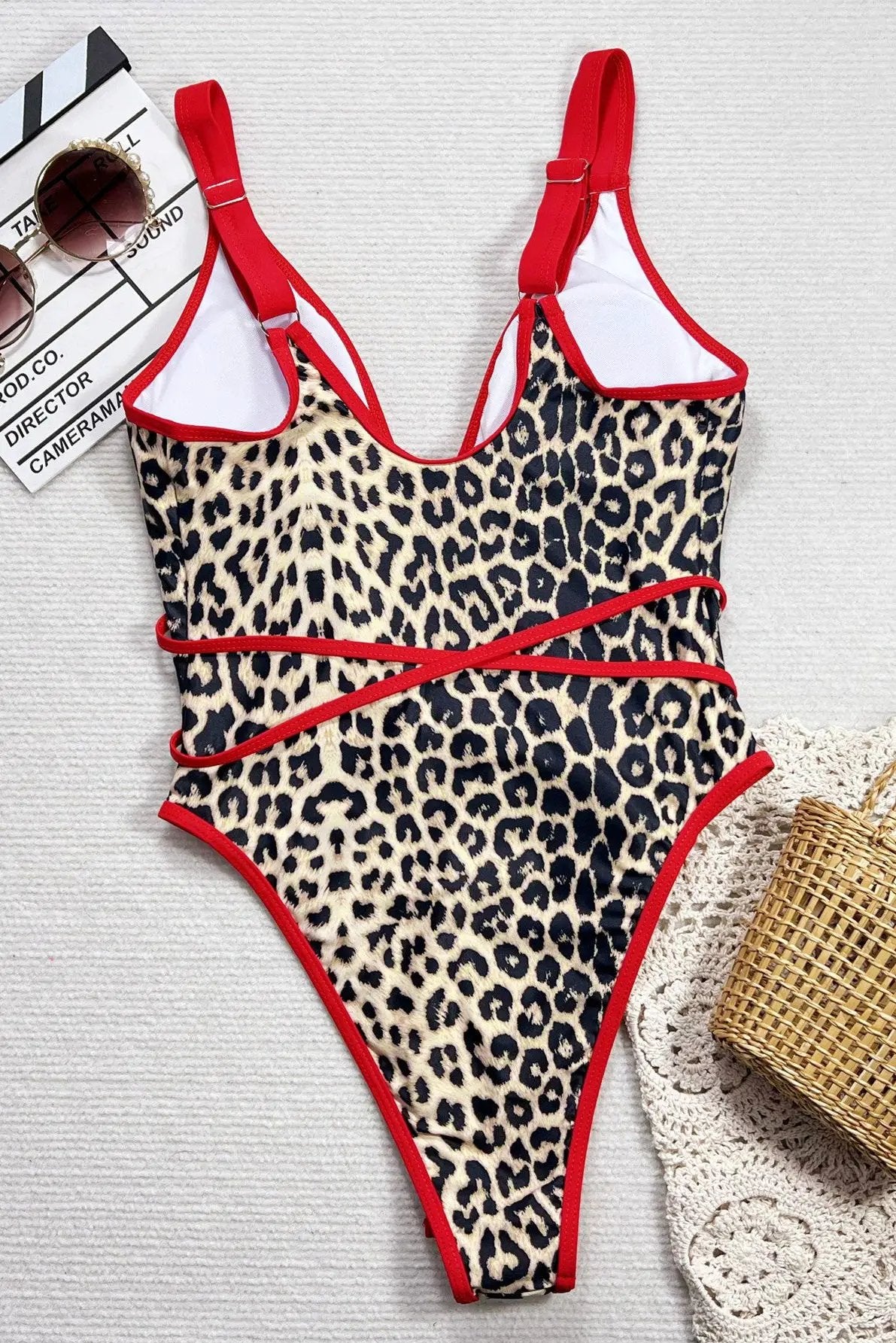 Leopard Print Red Trim Strappy Sexy One Piece Swimsuit Monokini