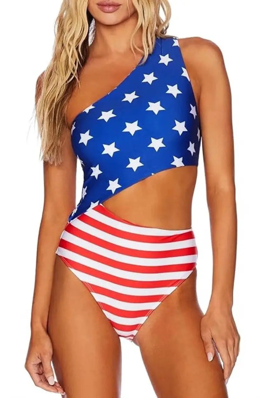 Blue Star Red Stripe Flag Print One Shoulder Cut-Out Sexy 1Pc Swimsuit Monokini