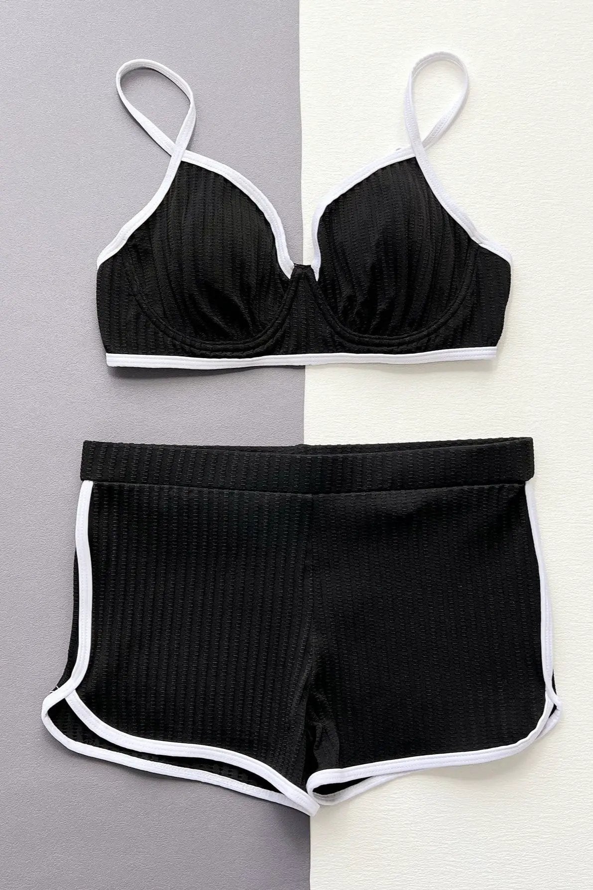Black Textured Fabric Wired Push-Up Top Booty Shorts Sexy Swimsuit Set