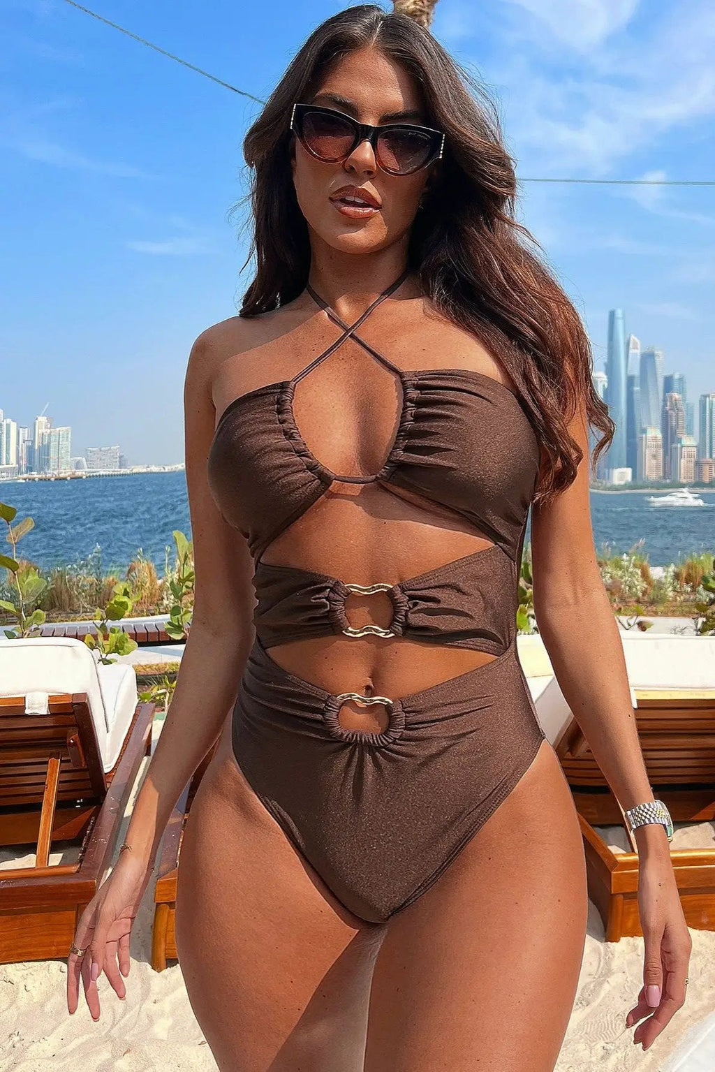 Brown Halter Cut-Out Gold Decor Ring Sexy 1Pc Swimsuit Monokini