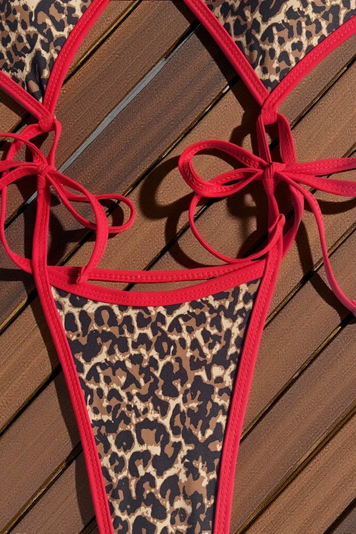 Leopard Print Red Piping Strappy Thong Sexy 1Pc Swimsuit Monokini