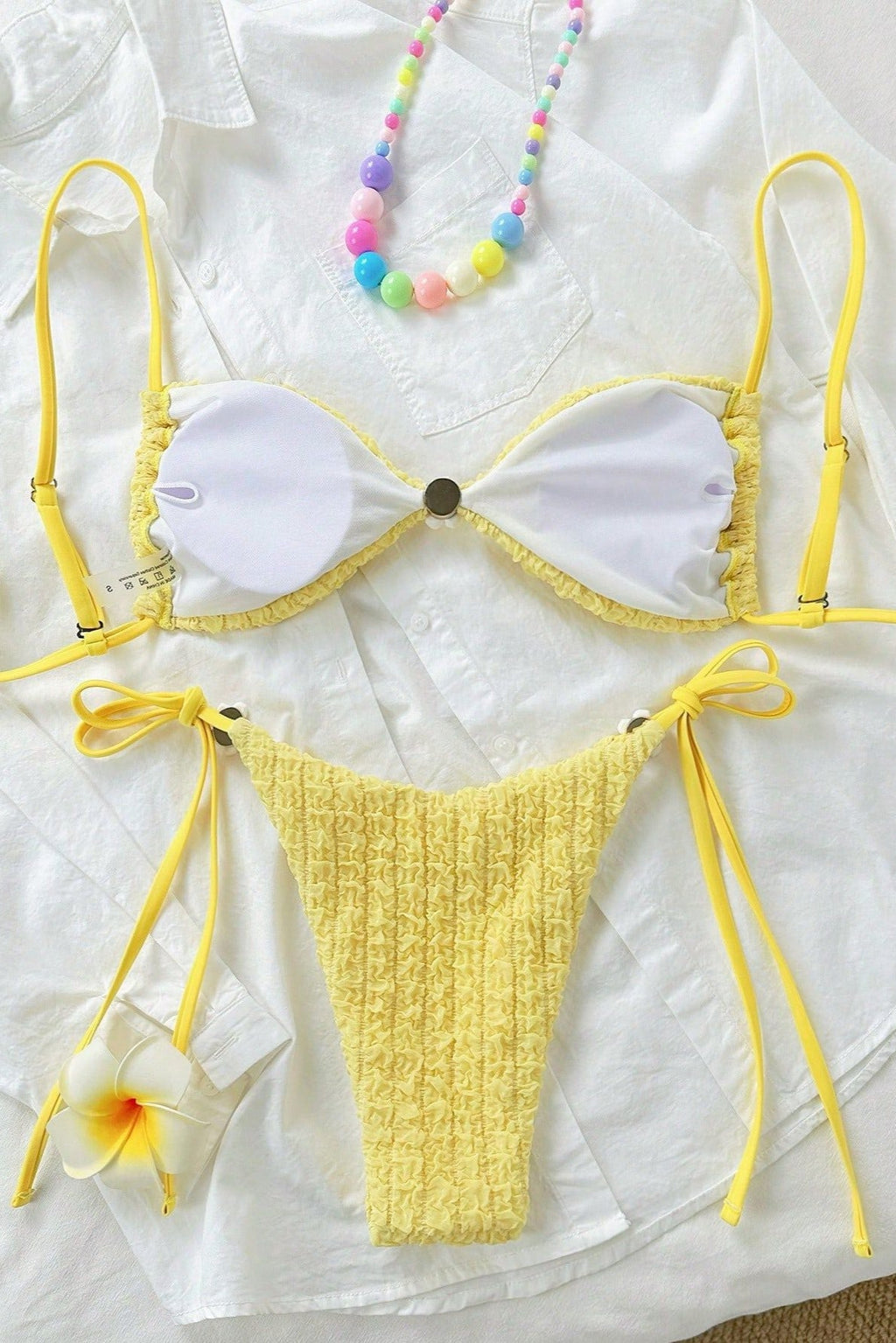 Yellow Textured Hawaiian Plumeria Flower Sexy 2Pc Swimsuit Set Bikini