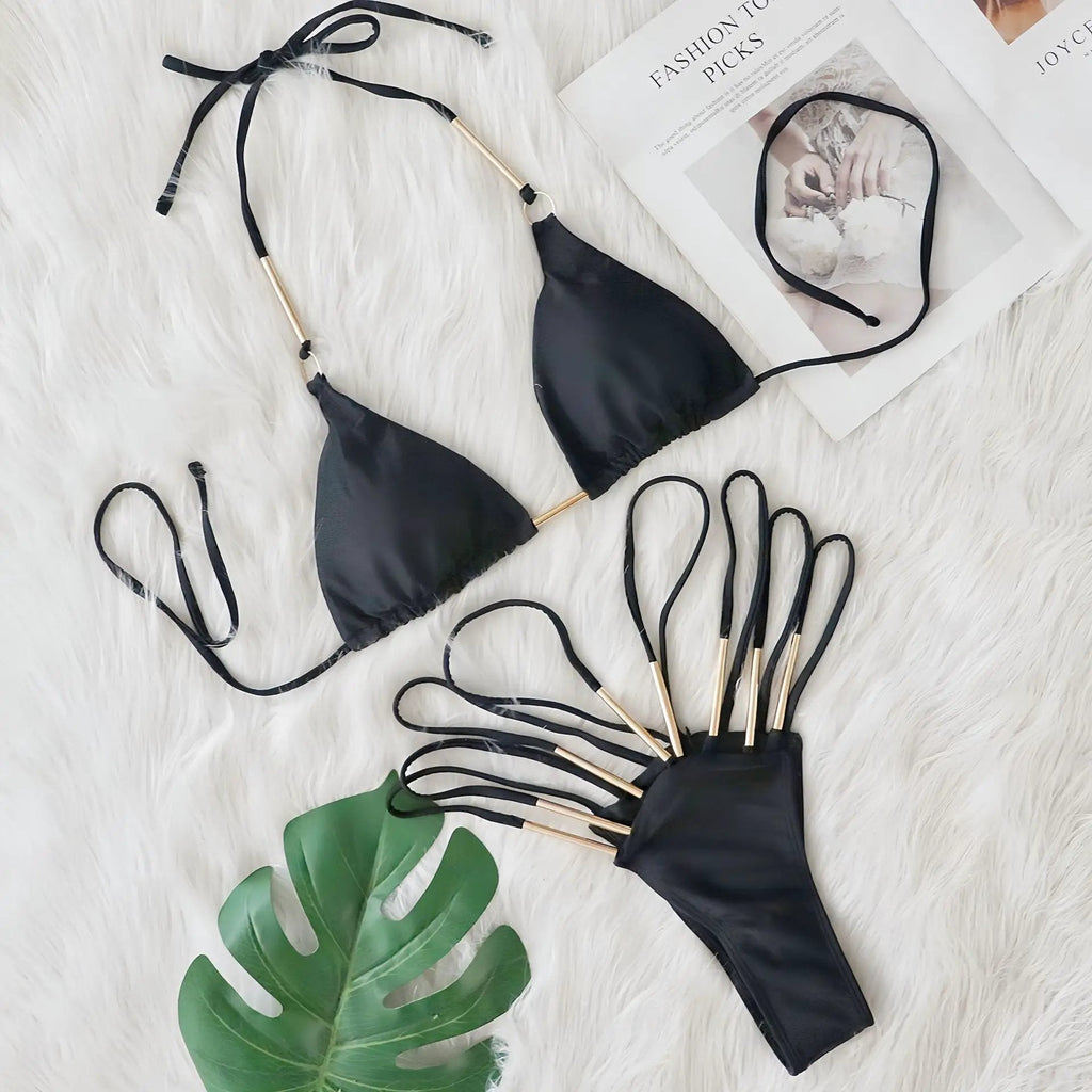 Black Gold Decor Ultra Sexy Cheeky Strappy 2Pc Swimsuit Set Bikini