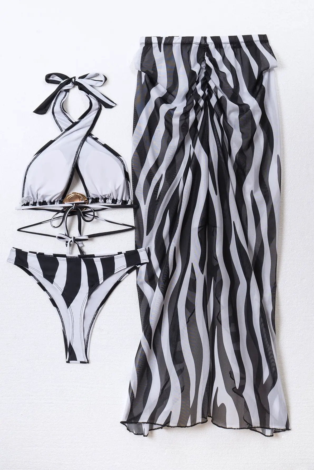 Black White Zebra Halter Gold Metal Decor Maxi Mermaid Skirt Cover-Up Sexy 3Pc Swimsuit Set