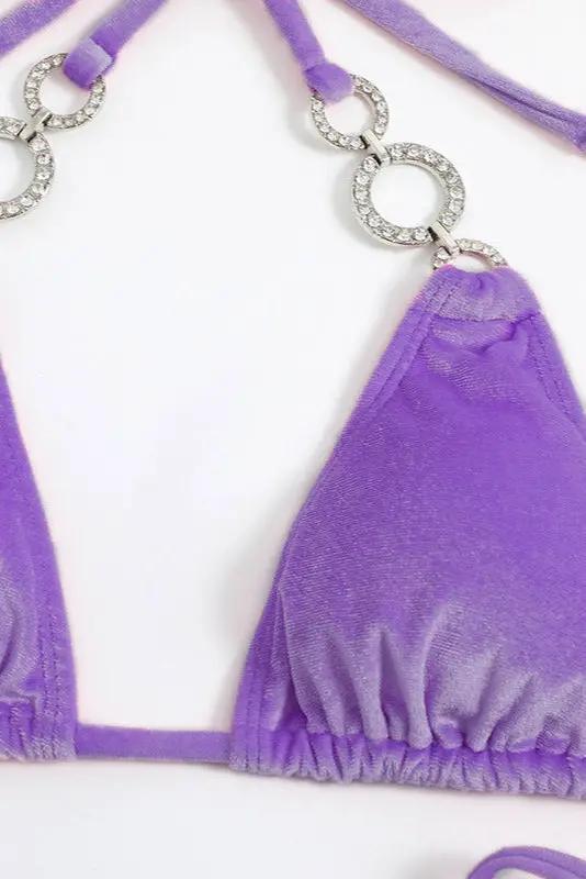 Lavender Velvet Rhinestone Triangle Cheeky Sexy 2Pc Swimsuit Set Bikini
