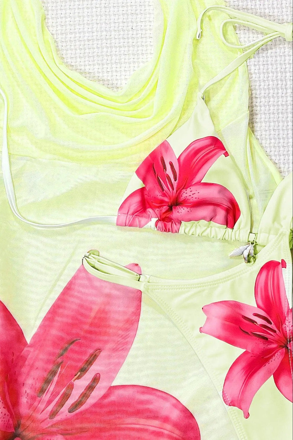 Sexy Yellow Hibiscus Flower Triangle Thong Mesh Halter Dress Cover-Up 3Pc Swimsuit Set