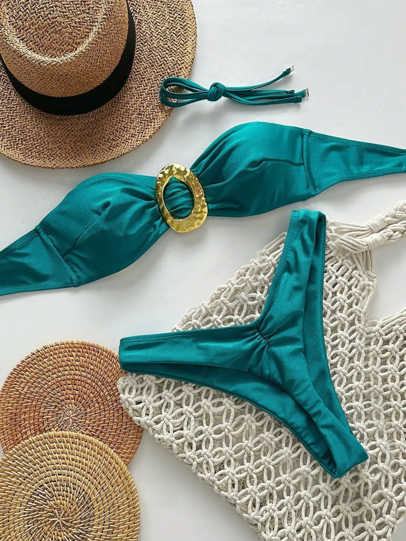 Jade Green Gold Decor Bandeau Ruched Butt Thong Sexy 2Pc Swimsuit Bikini