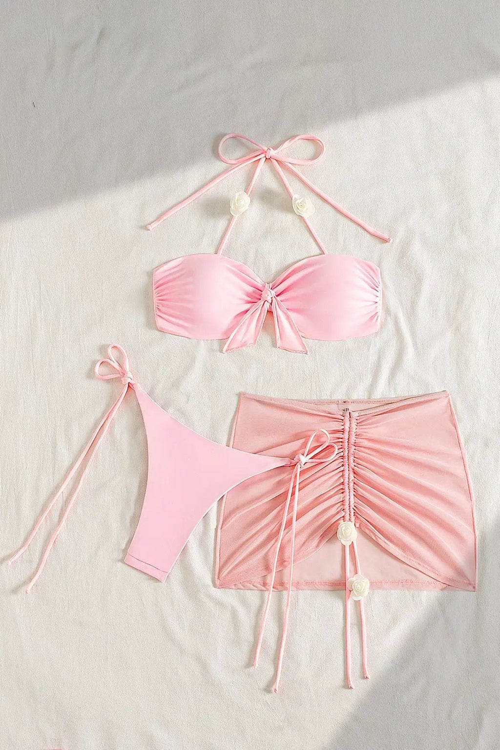 Pink Delicate Rose Draw String Cheeky Mesh Cover-Up Sexy 3Pc Swimsuit Set