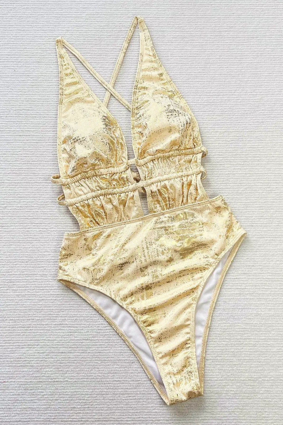 Gold Foil Metallic Plunging Neckline Ruched Butt Sexy Monokini 1Pc Swimsuit