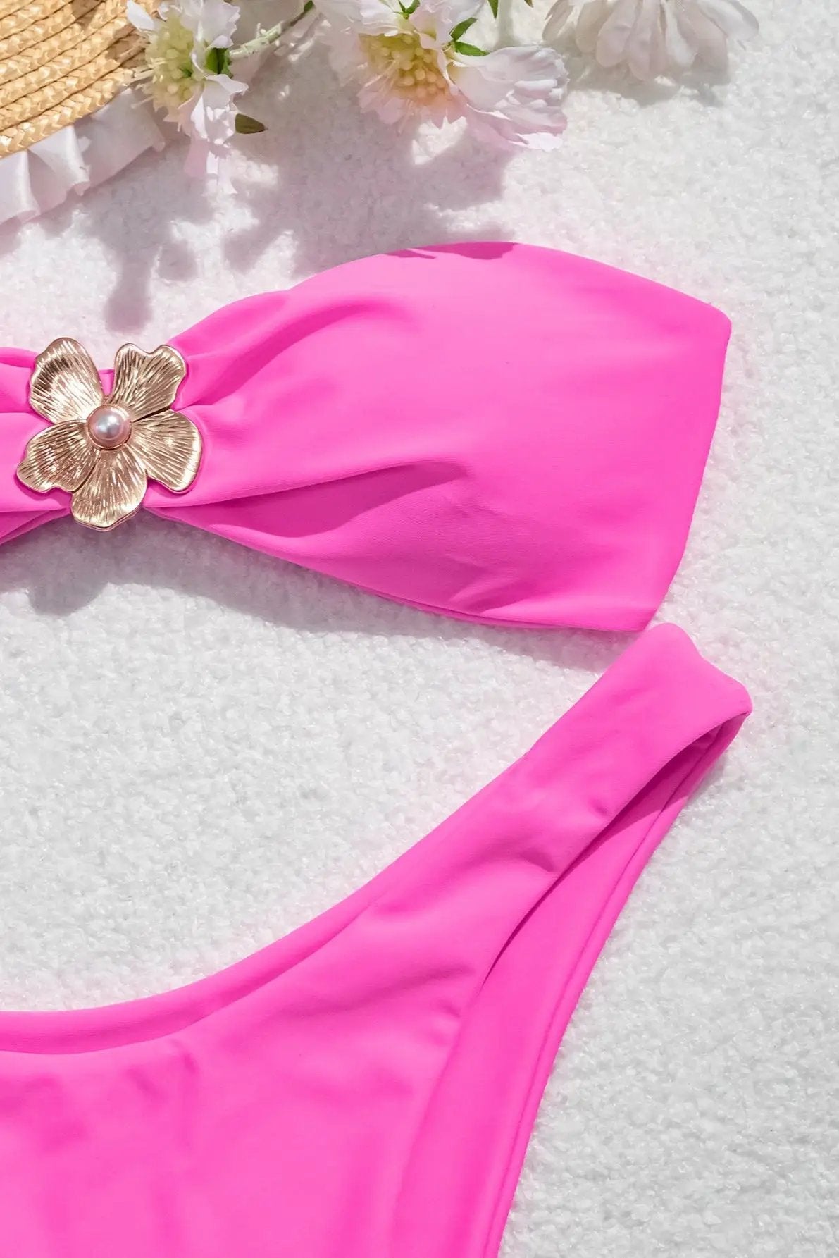 Hot Pink Gold Flower Decor Bandeau Cheeky Sexy 2Pc Swimsuit Set Bikini