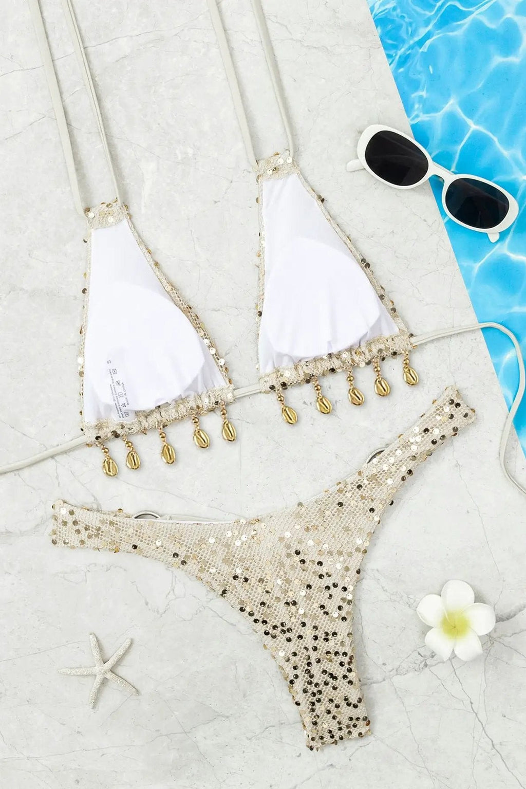 Beige Sequin Strappy Gold Shell Fringe Thong Micro Bikini 2Pc Swimsuit Set
