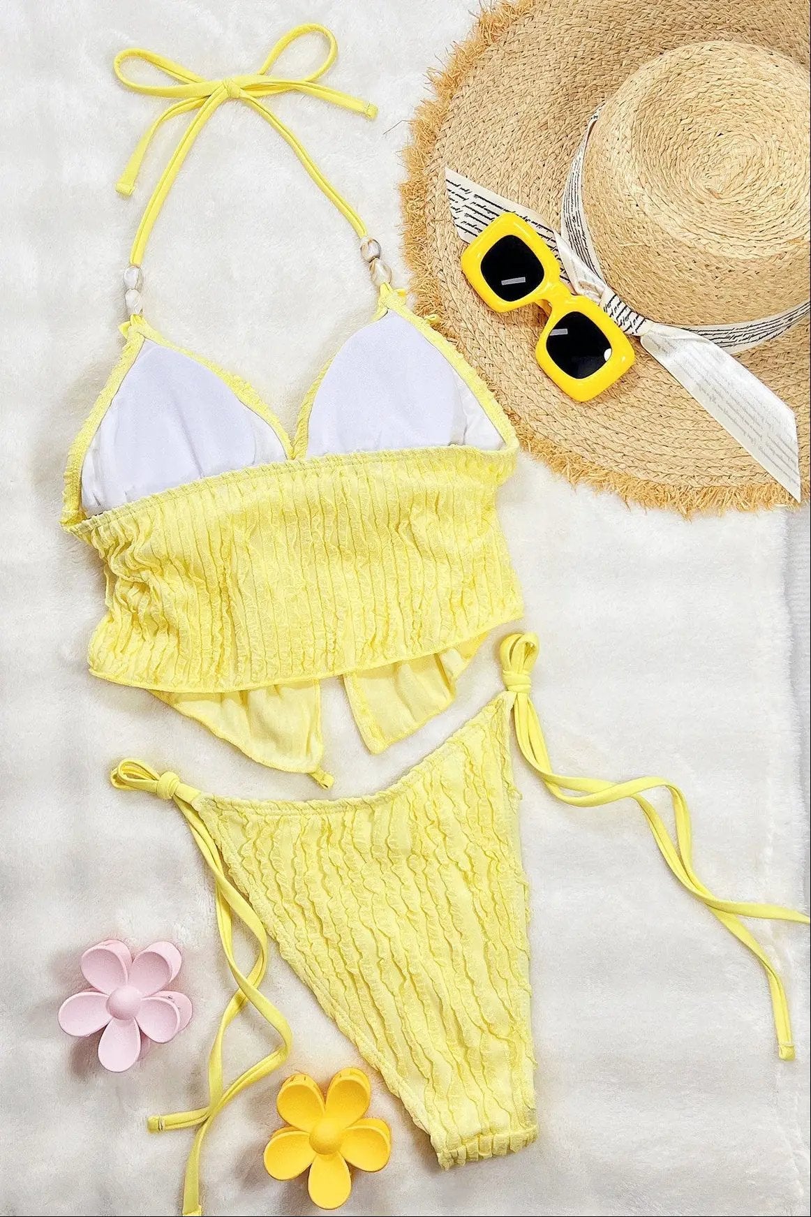 Yellow Ruffle Textured Handkerchief Top Natural Stones Sexy 2Pc Swimsuit Set