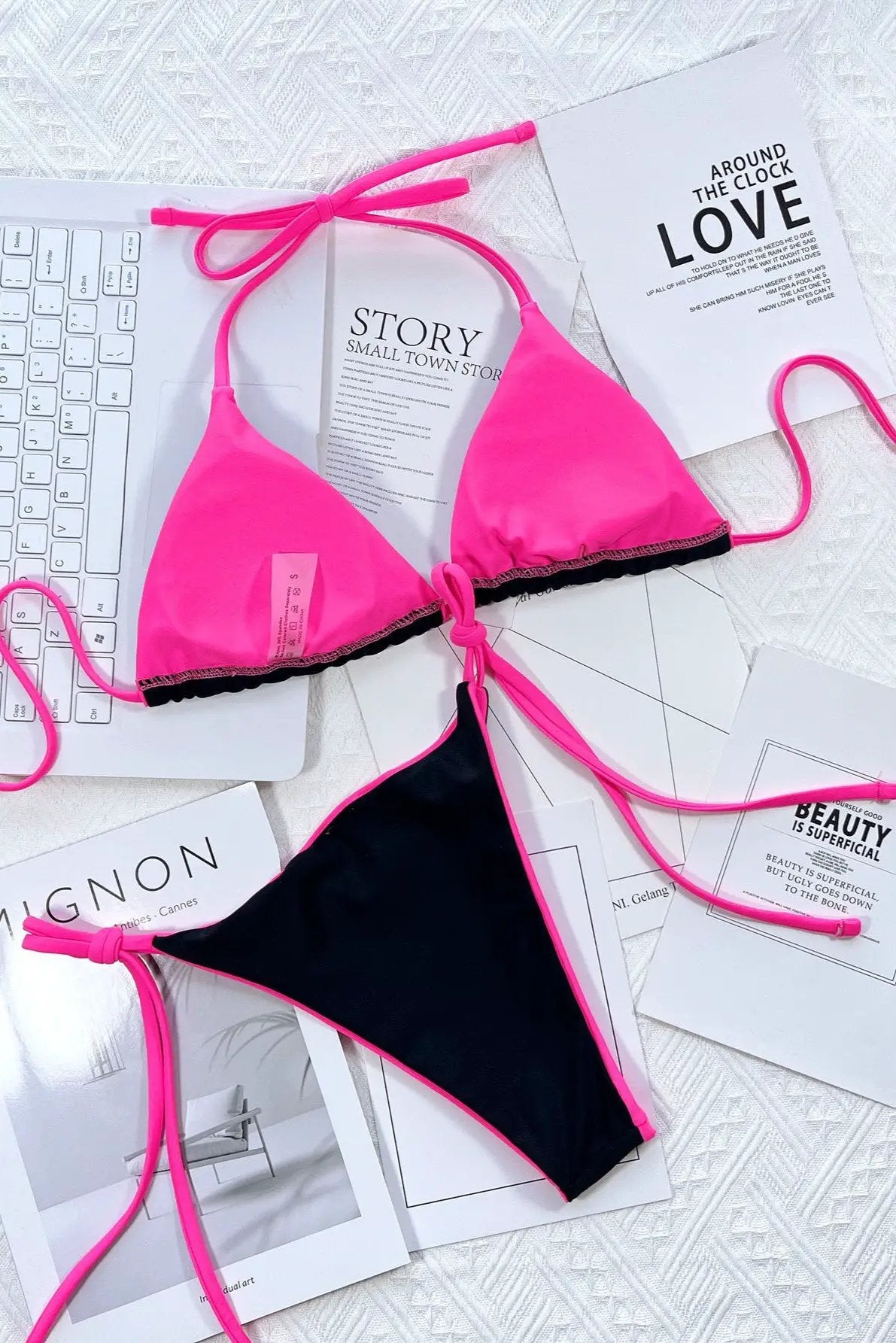 Black Neon Pink Reversible Cheeky 2Pc Swimsuit Trim Bikini