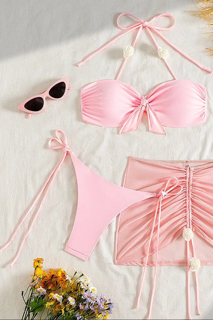 Pink Delicate Rose Draw String Cheeky Mesh Cover-Up Sexy 3Pc Swimsuit Set