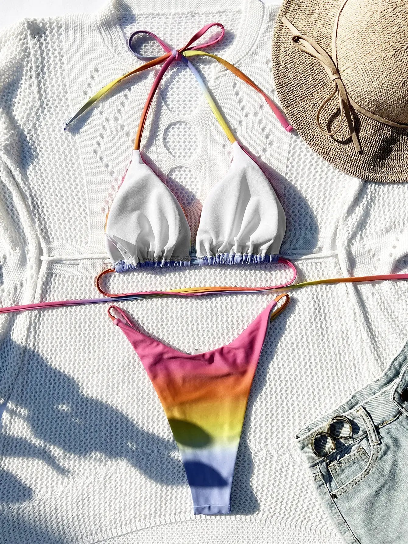 Rainbow Tie Dye Triangle Strappy Cheeky Sexy 2Pc Swimsuit Set Bikini