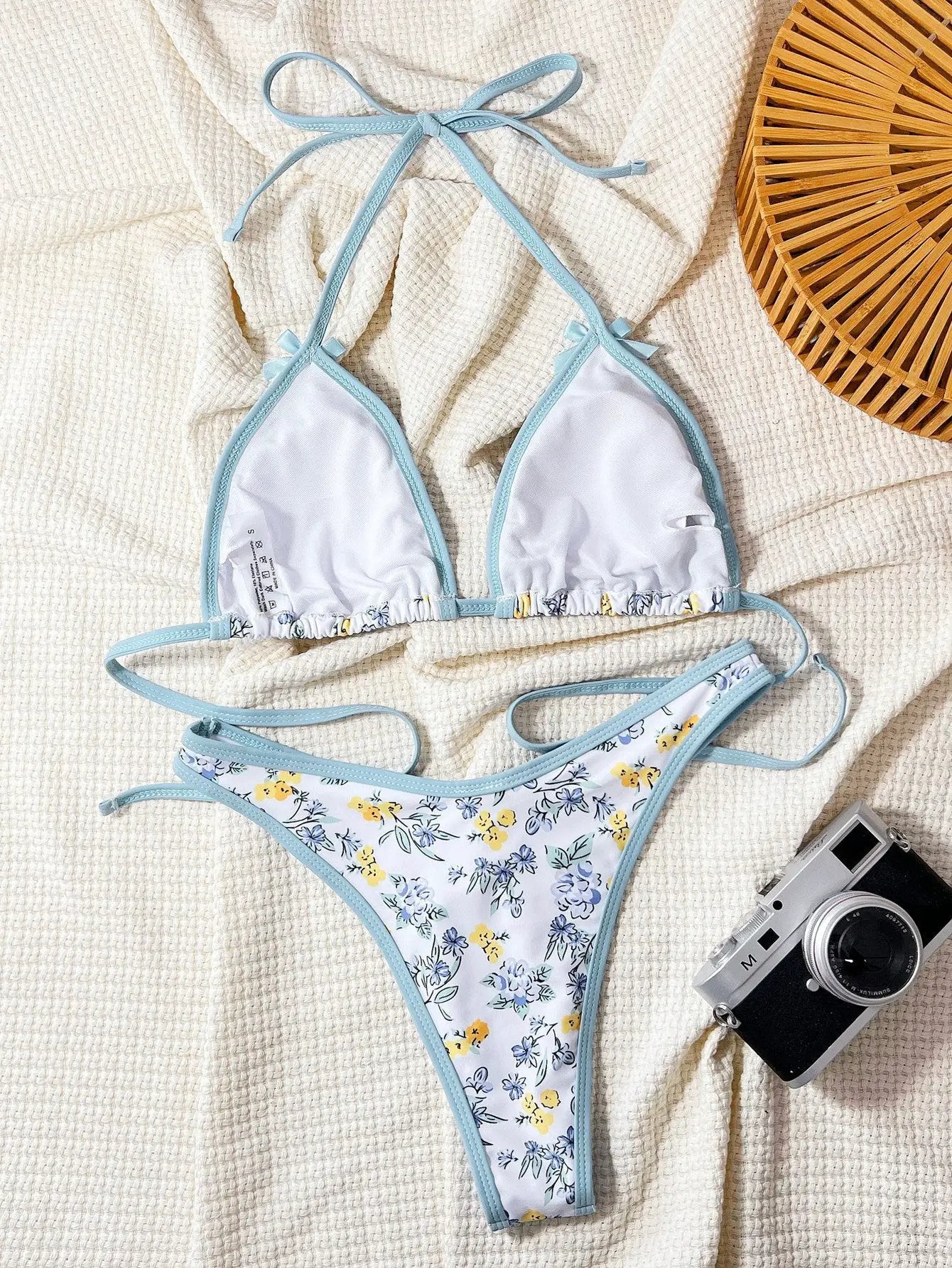 Blue Spring Bloom Print Bows Sexy 2Pc Cheeky Swimsuit Set Bikini