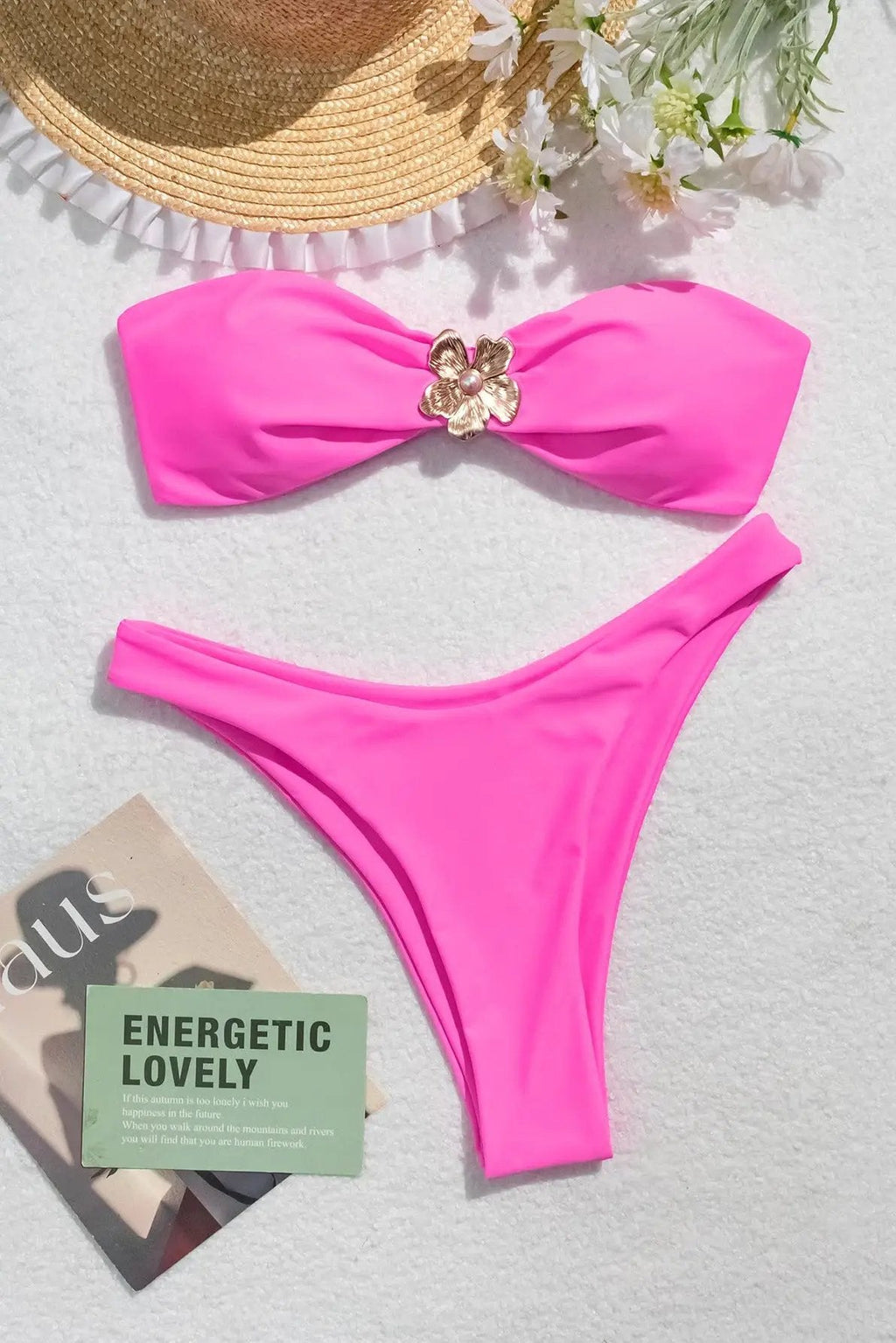 Hot Pink Gold Flower Decor Bandeau Cheeky Sexy 2Pc Swimsuit Set Bikini