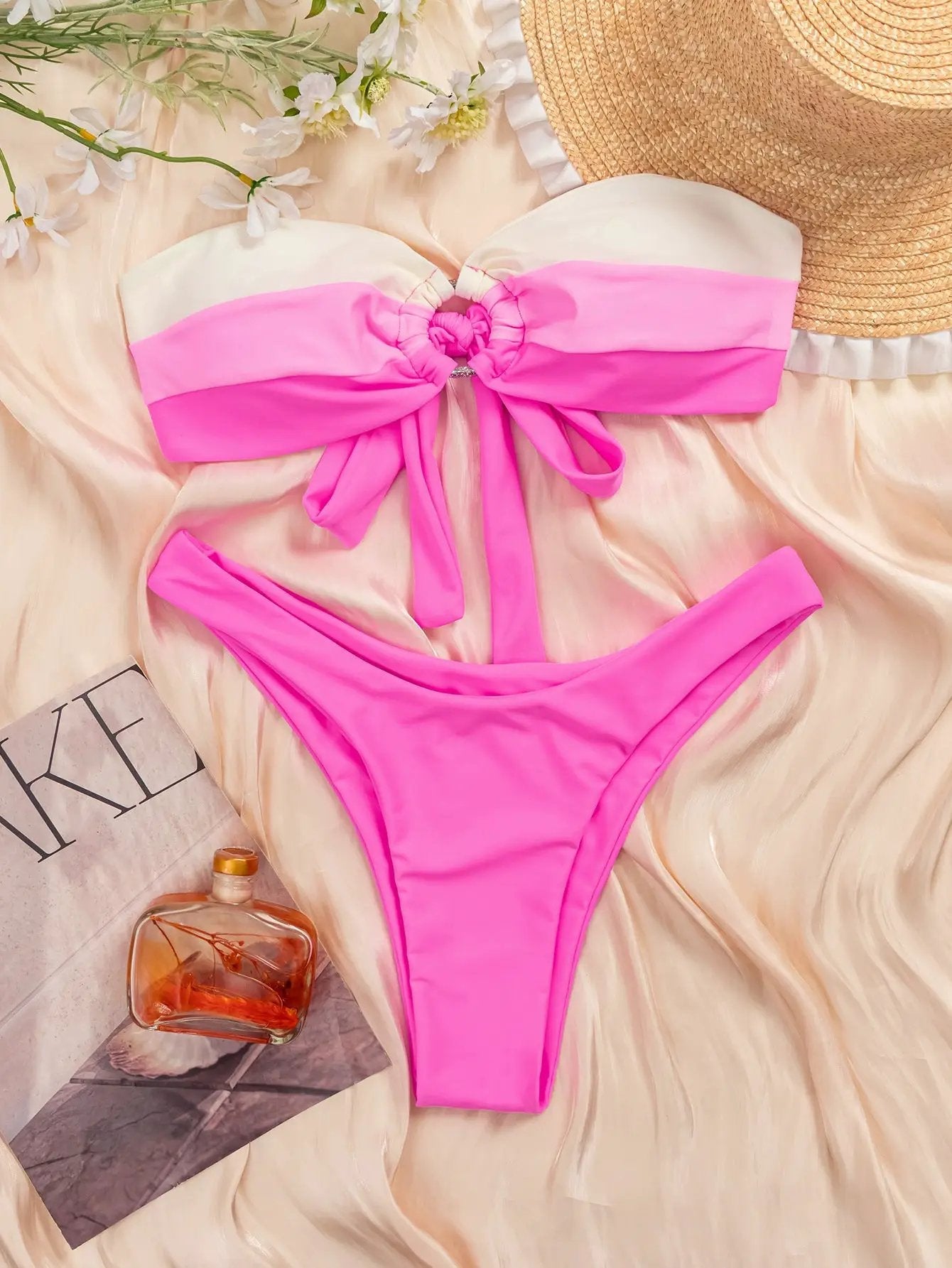 Pink White O-Ring Bandeau Sexy Cheeky 2Pc Swimsuit Set Bikini