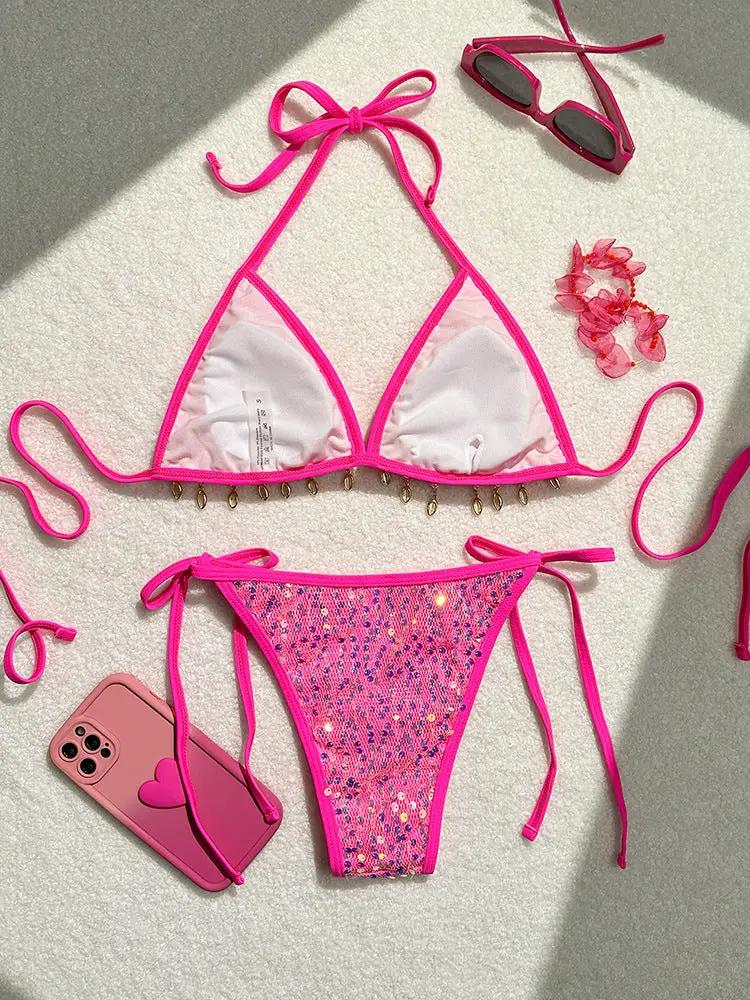 Hot Pink Sequin Gold Sea Shell Pearl Sexy 2Pc Swimsuit Set Bikini