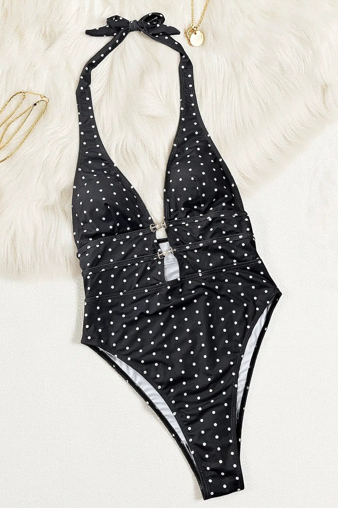 Black Polka Dot Designer Buckles Plunging Neck Halter Sexy Monokini 1Pc Swimsuit