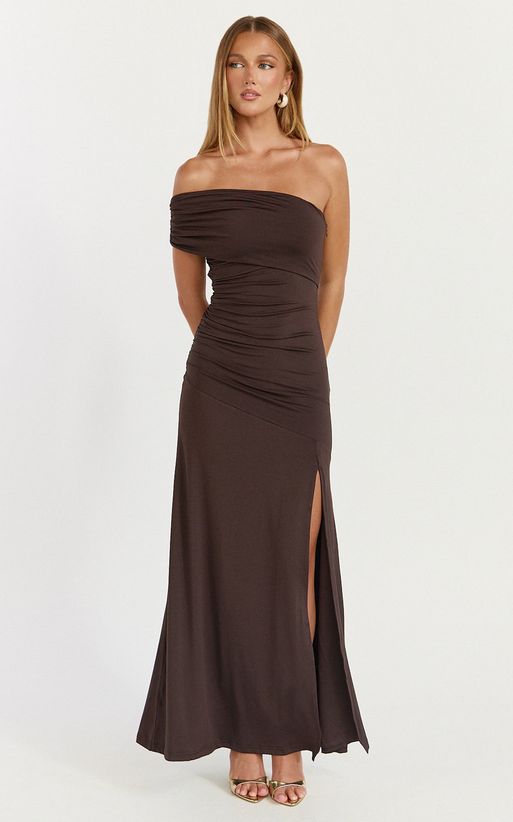 Opal Maxi Dress - Off Shoulder Gathered Bodice Fit And Flare Dress in Dark Chocolate