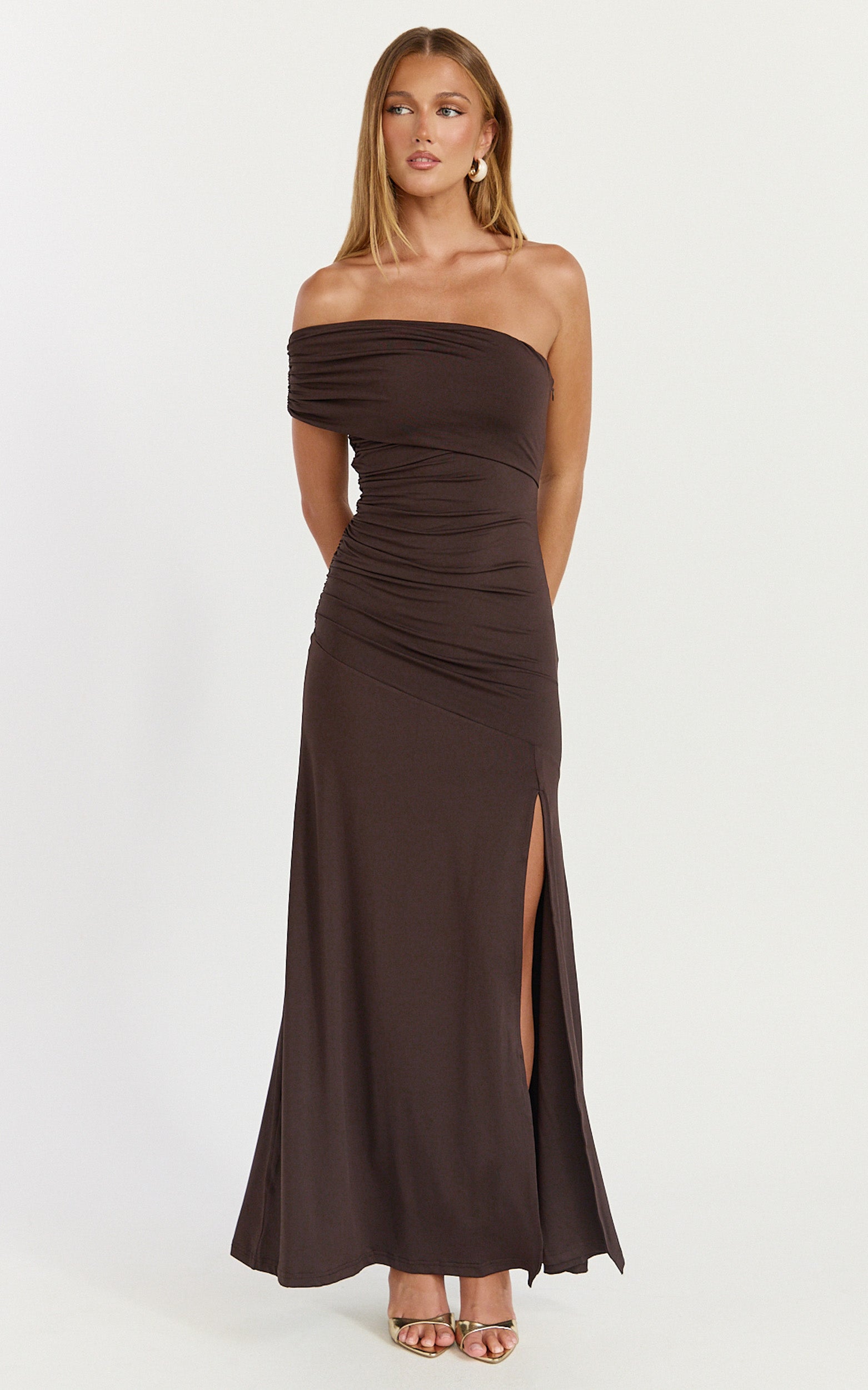Opal Maxi Dress - Off Shoulder Gathered Bodice Fit And Flare Dress in Dark Chocolate