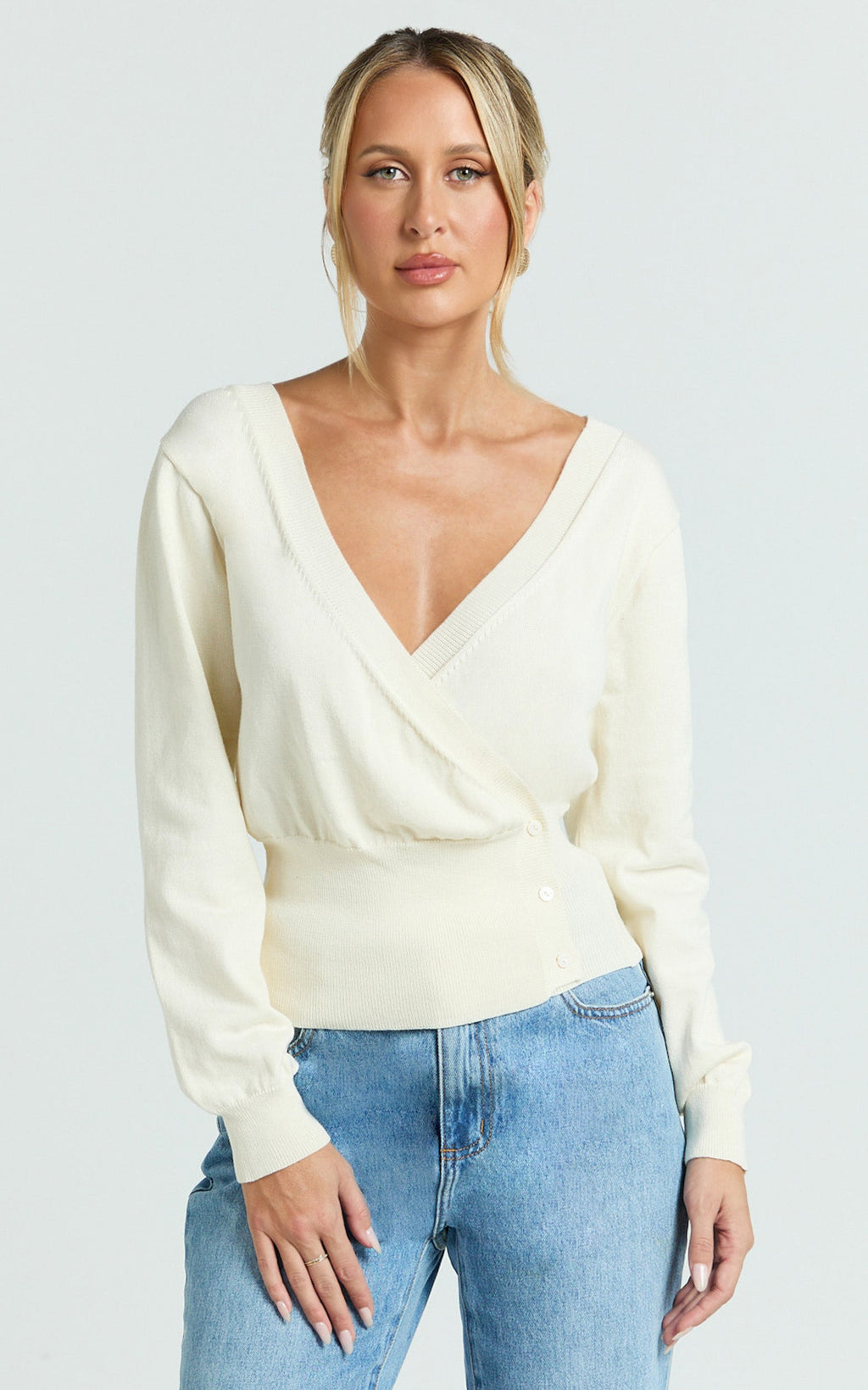 Paige Cardigan - Long Sleeve Deep V Cardigan in Cream