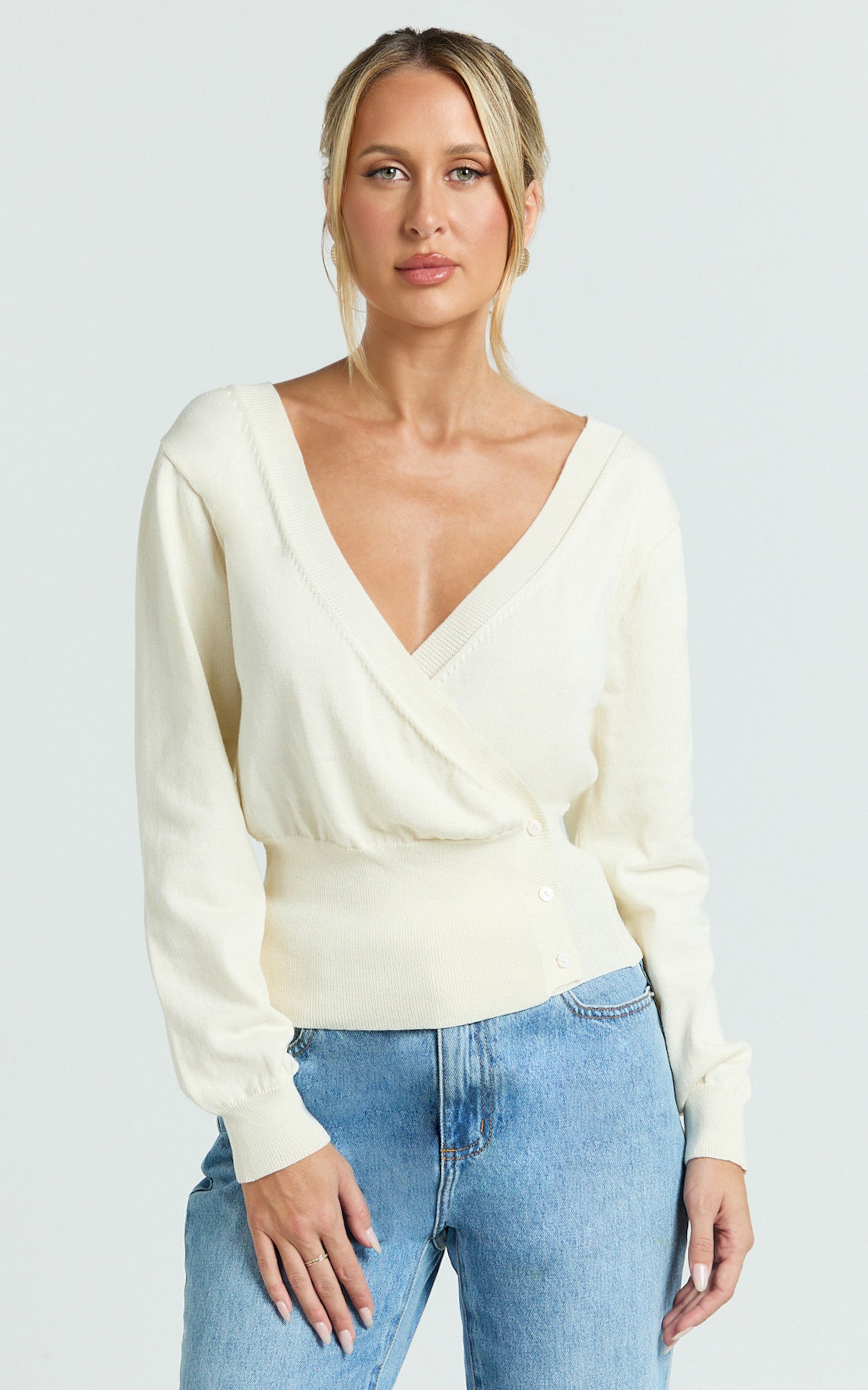 Paige Cardigan - Long Sleeve Deep V Cardigan in Cream