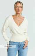 Paige Cardigan - Long Sleeve Deep V Cardigan in Cream