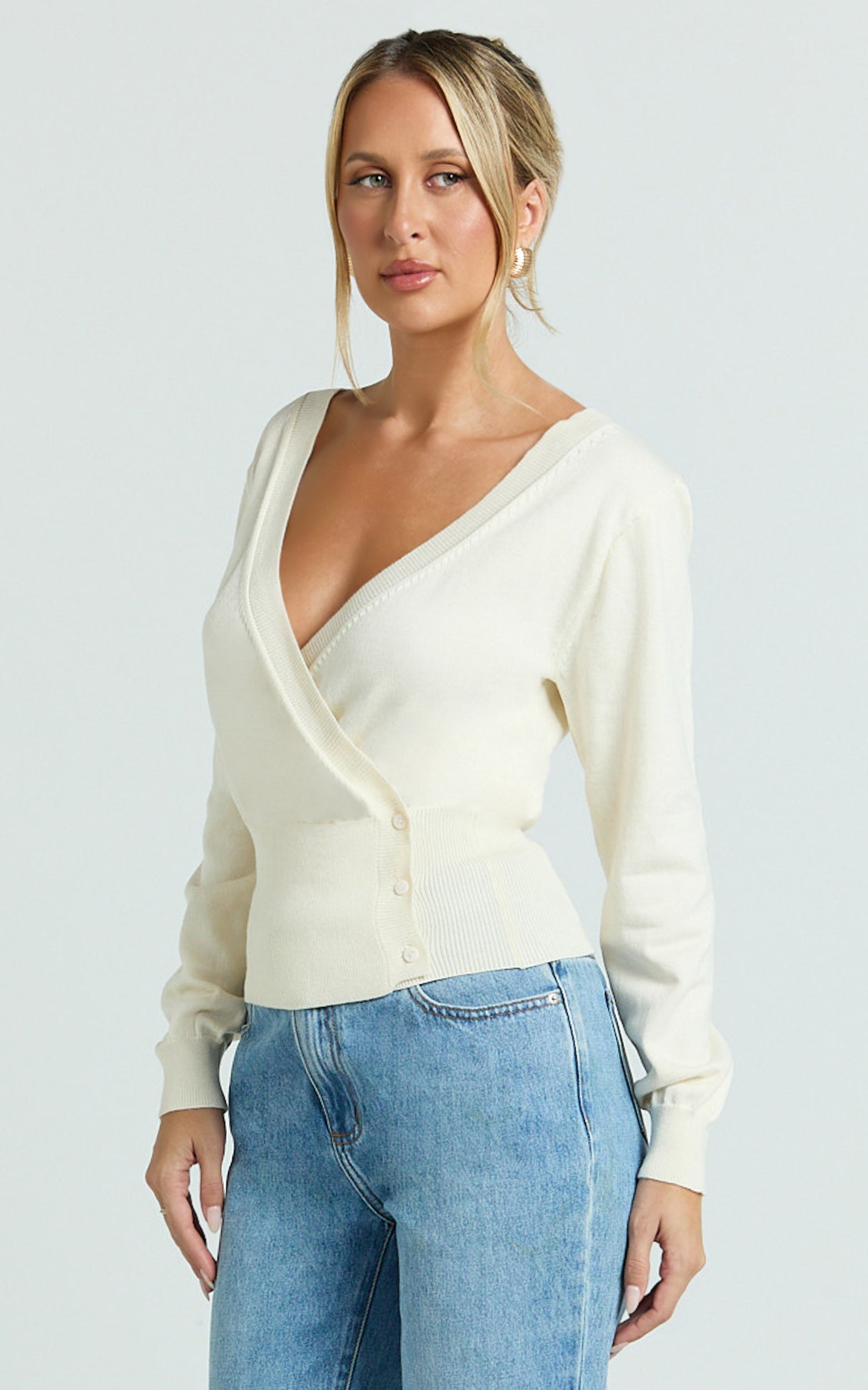 Paige Cardigan - Long Sleeve Deep V Cardigan in Cream