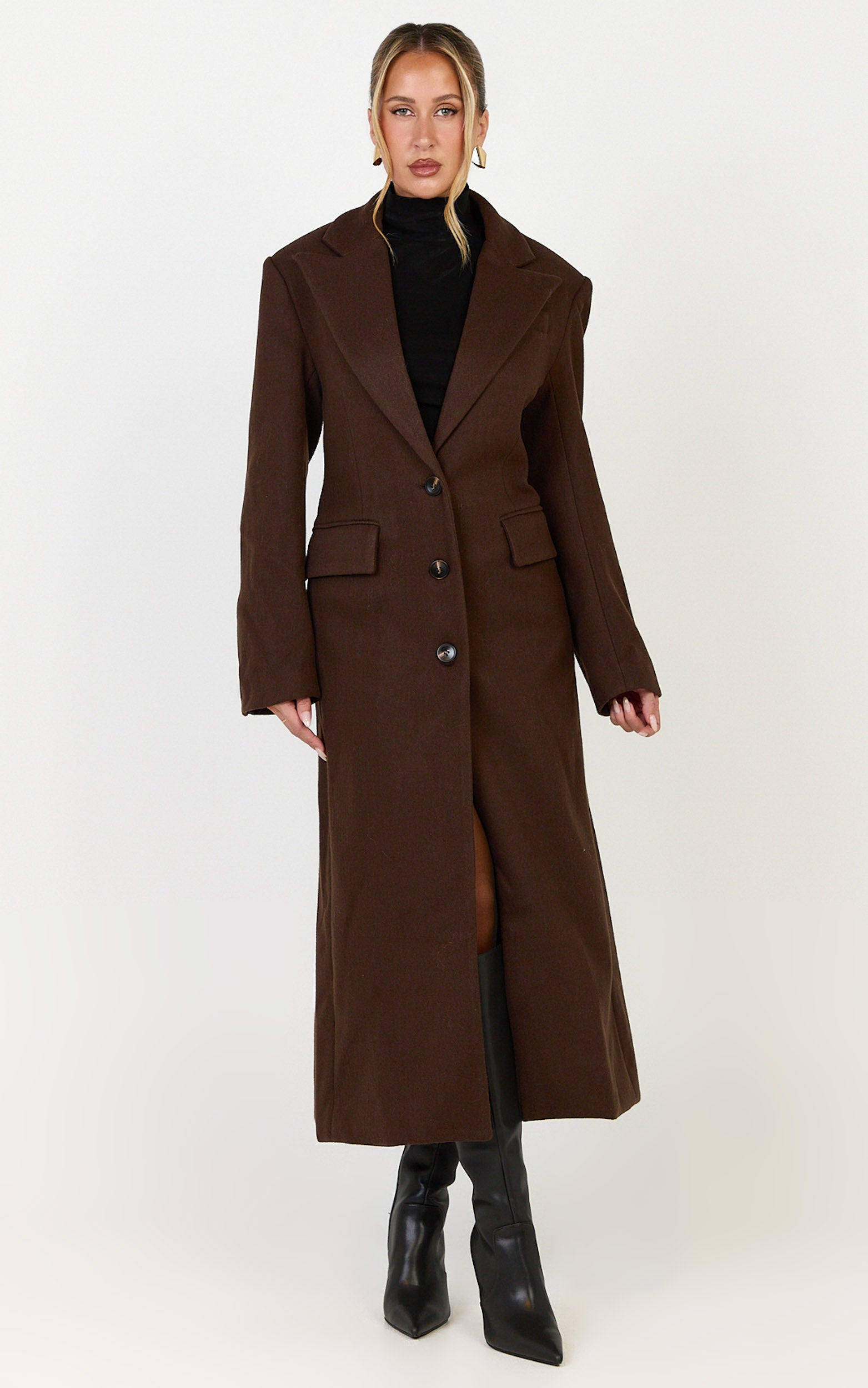 Paloma Coat - Tailored Cinched Waist Longline Coat in Chocolate