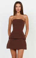 Pauline Two Piece Top and Skirt Set - Strapless A Line Top and Mini Skirt Set in Chocolate