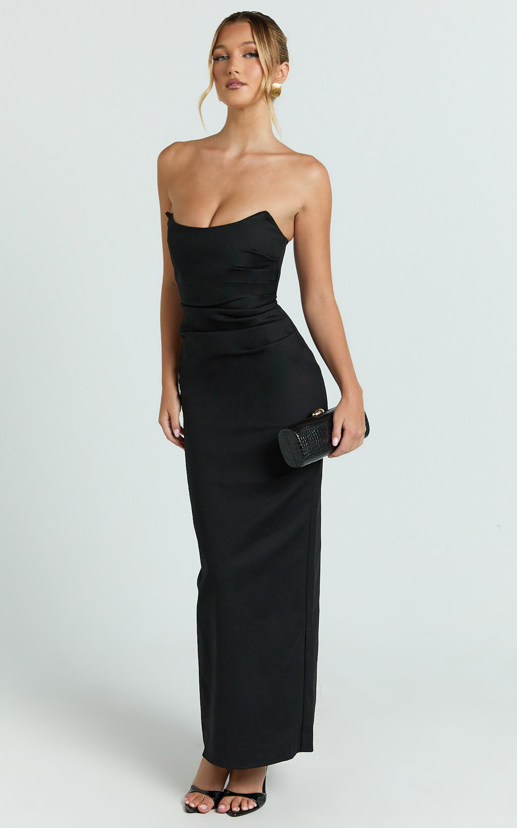 Pietra Midi Dress - Strapless Side Seam Tucks Fitted Dress in Black