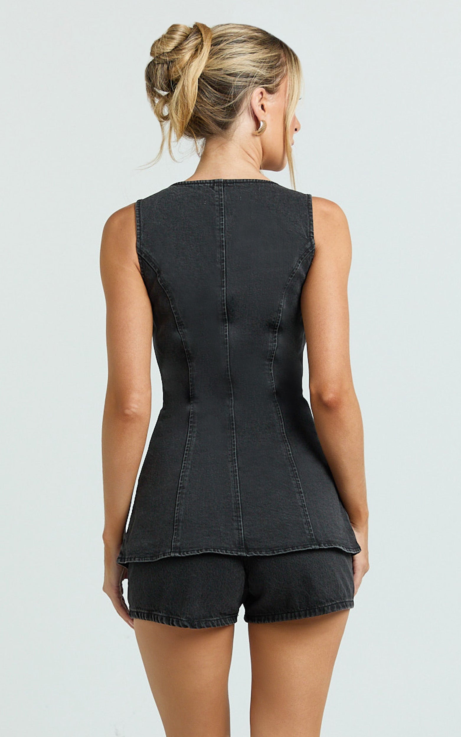 Raquel Top - Denim Scoop Neck Button Down Vest in Washed Black