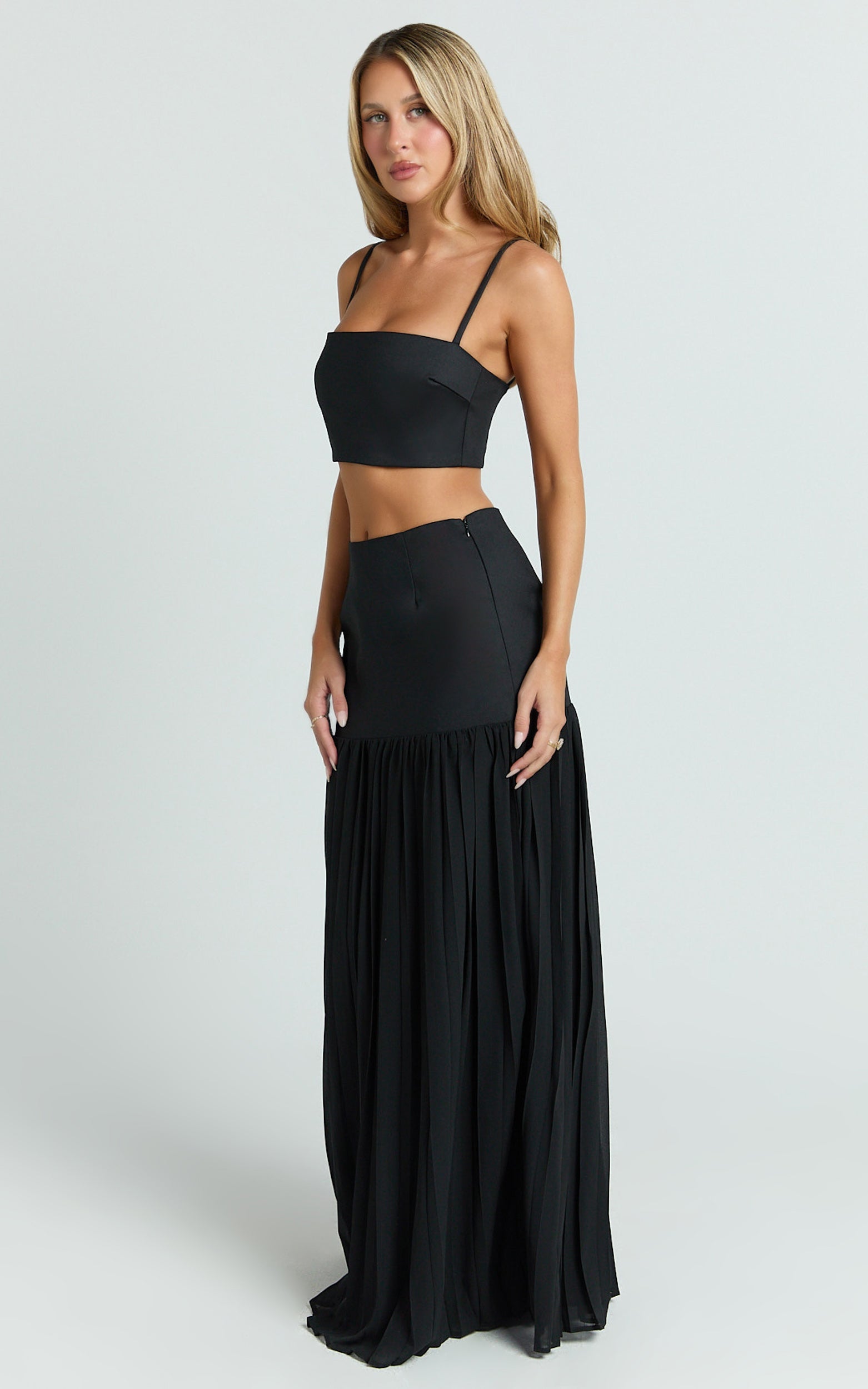 Rowan Two Piece Top and Skirt Set - Square Neck Crop Top and High Waist Pleated Maxi Skirt Set in Black