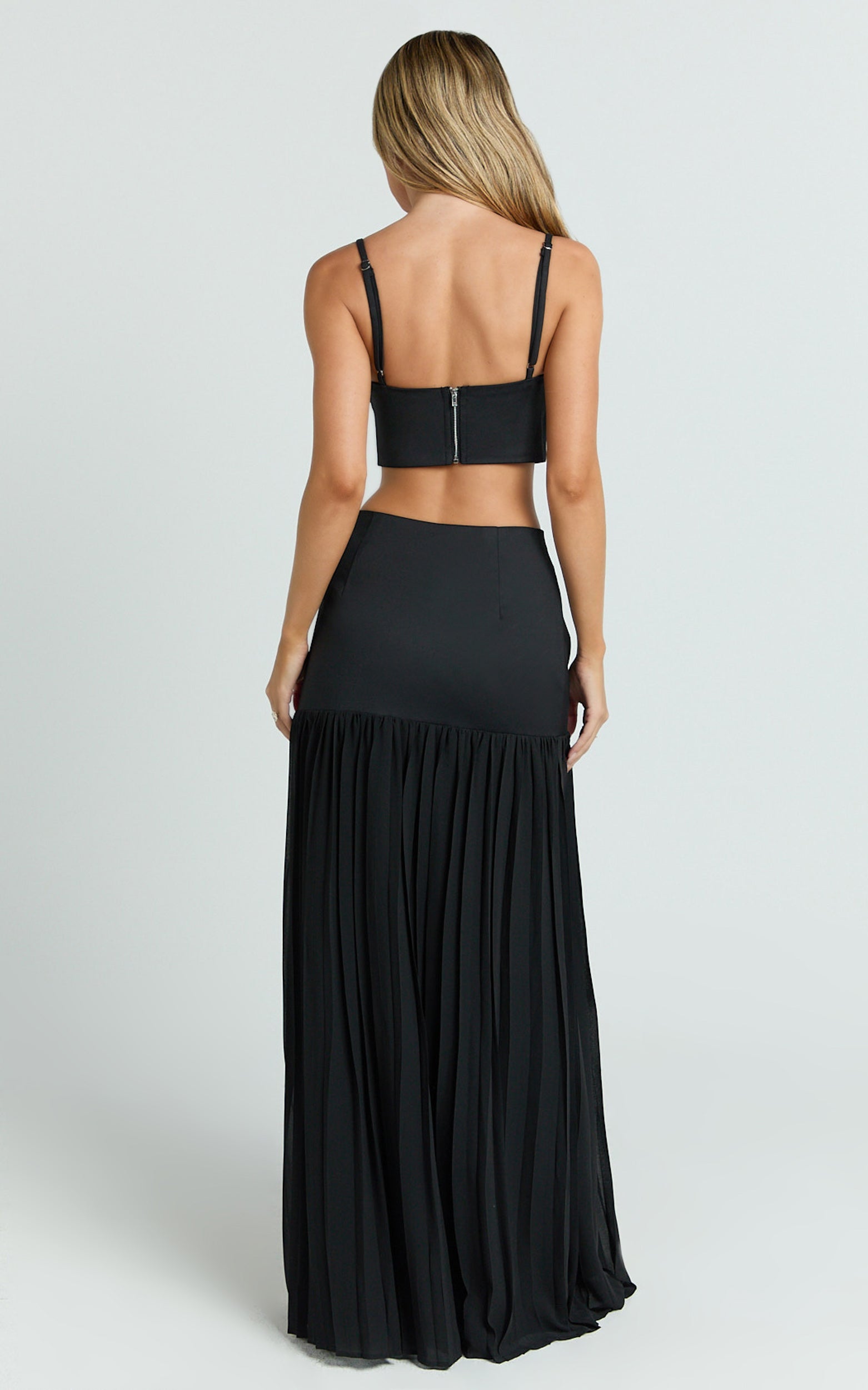 Rowan Two Piece Top and Skirt Set - Square Neck Crop Top and High Waist Pleated Maxi Skirt Set in Black