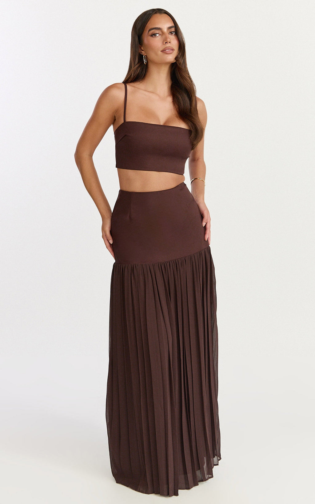 Rowan Two Piece Top and Skirt Set - Square Neck Crop Top and High Waist Pleated Maxi Skirt Set in Chocolate