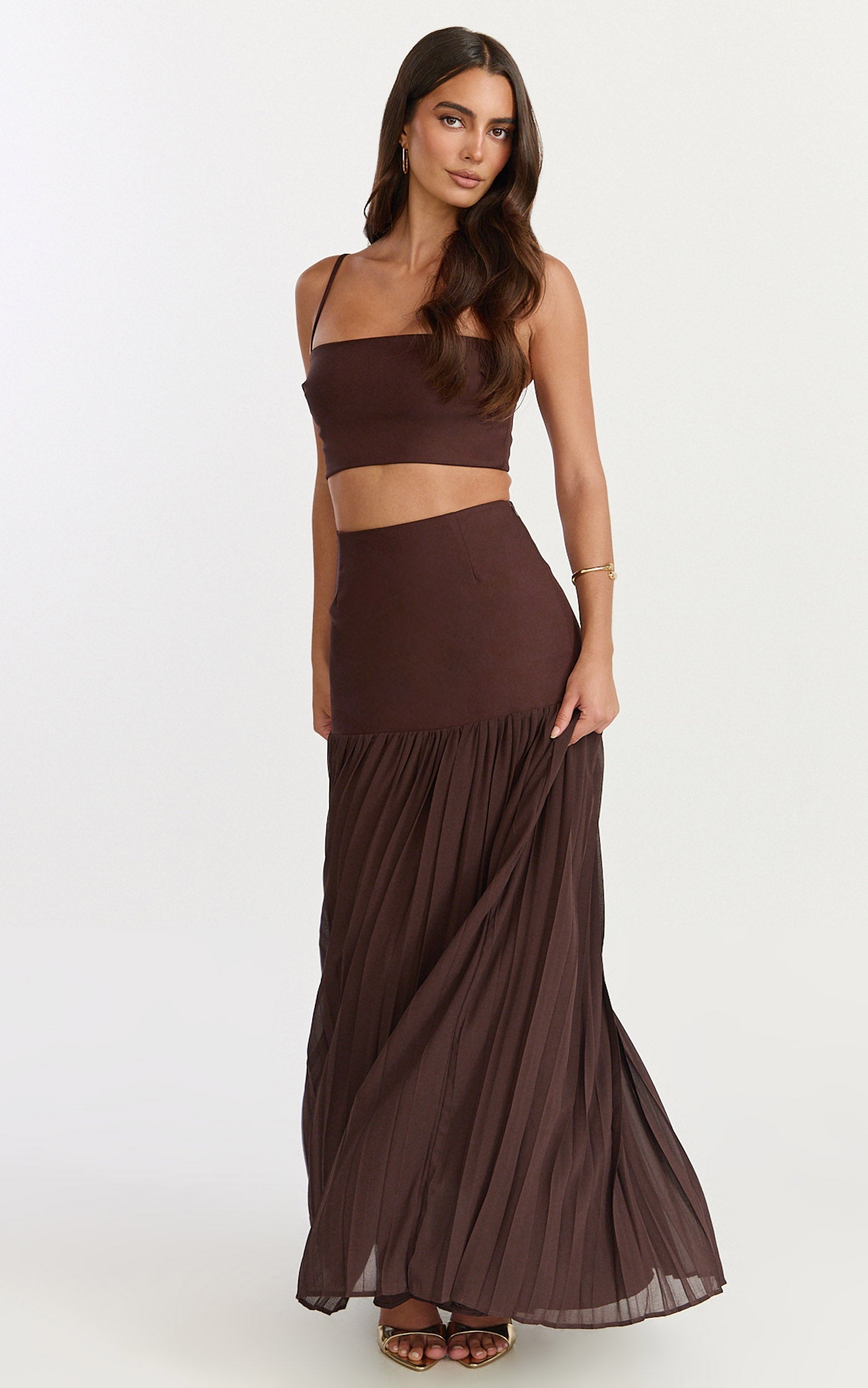 Rowan Two Piece Top and Skirt Set - Square Neck Crop Top and High Waist Pleated Maxi Skirt Set in Chocolate