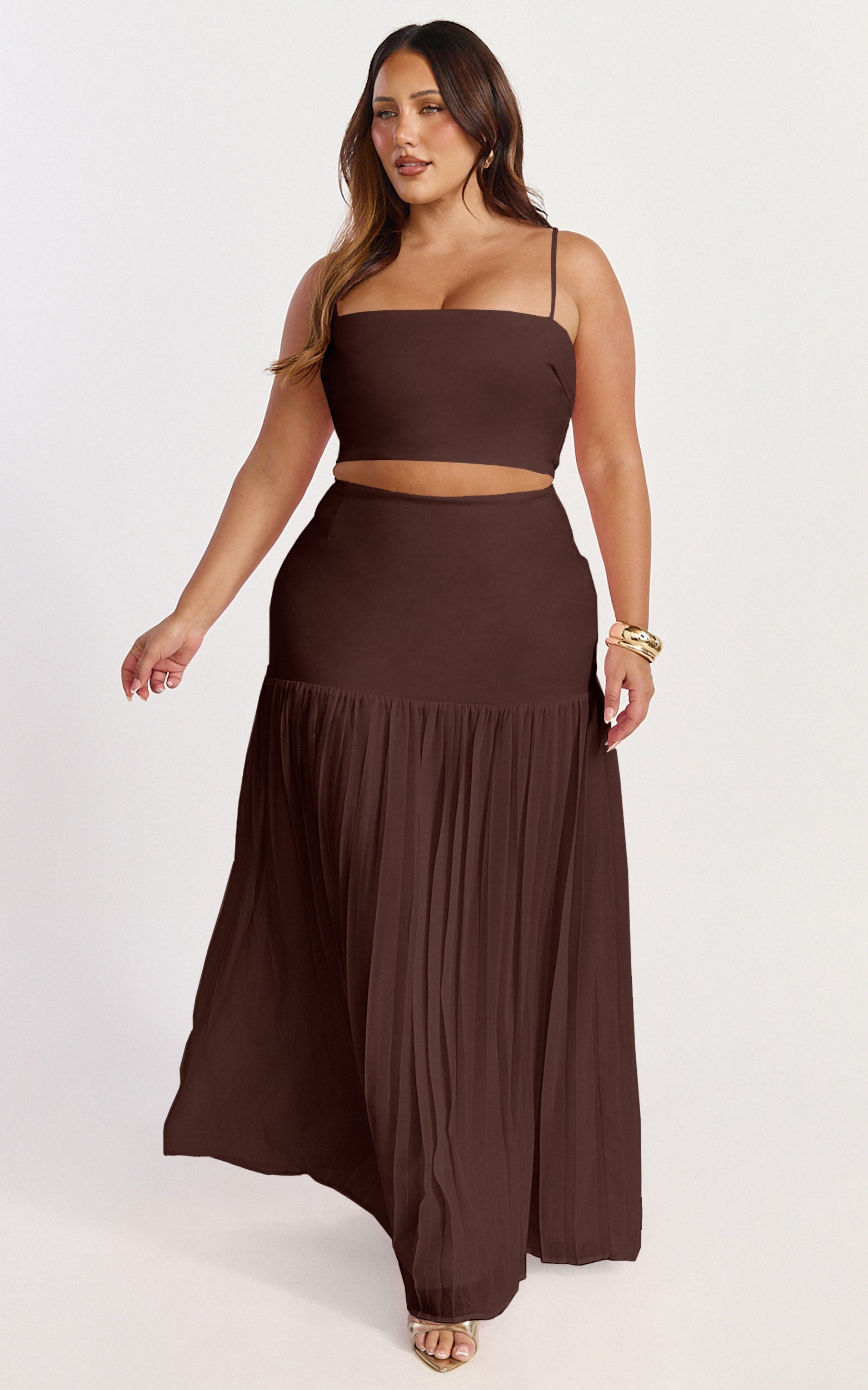 Rowan Two Piece Top and Skirt Set - Square Neck Crop Top and High Waist Pleated Maxi Skirt Set in Chocolate
