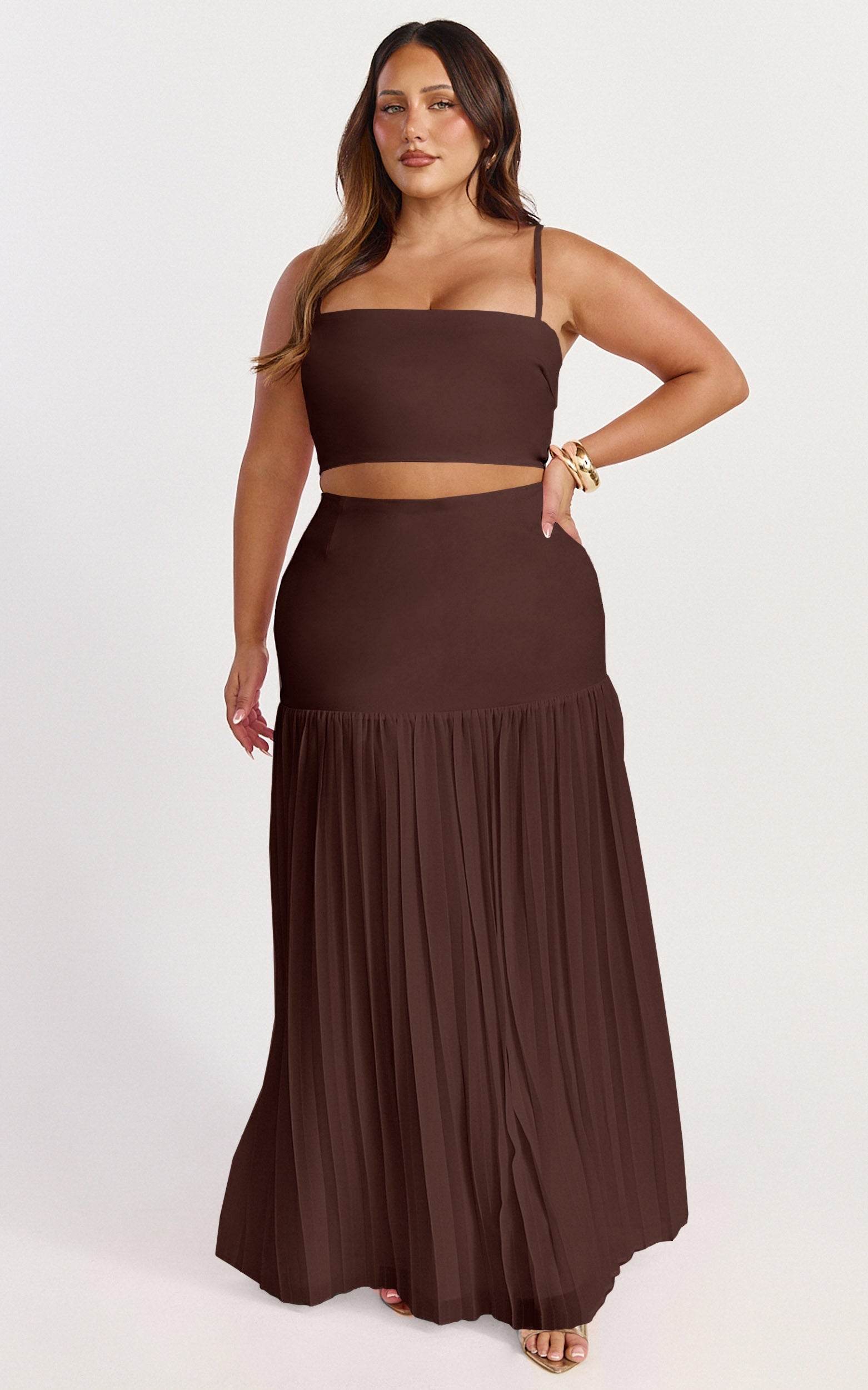 Rowan Two Piece Top and Skirt Set - Square Neck Crop Top and High Waist Pleated Maxi Skirt Set in Chocolate