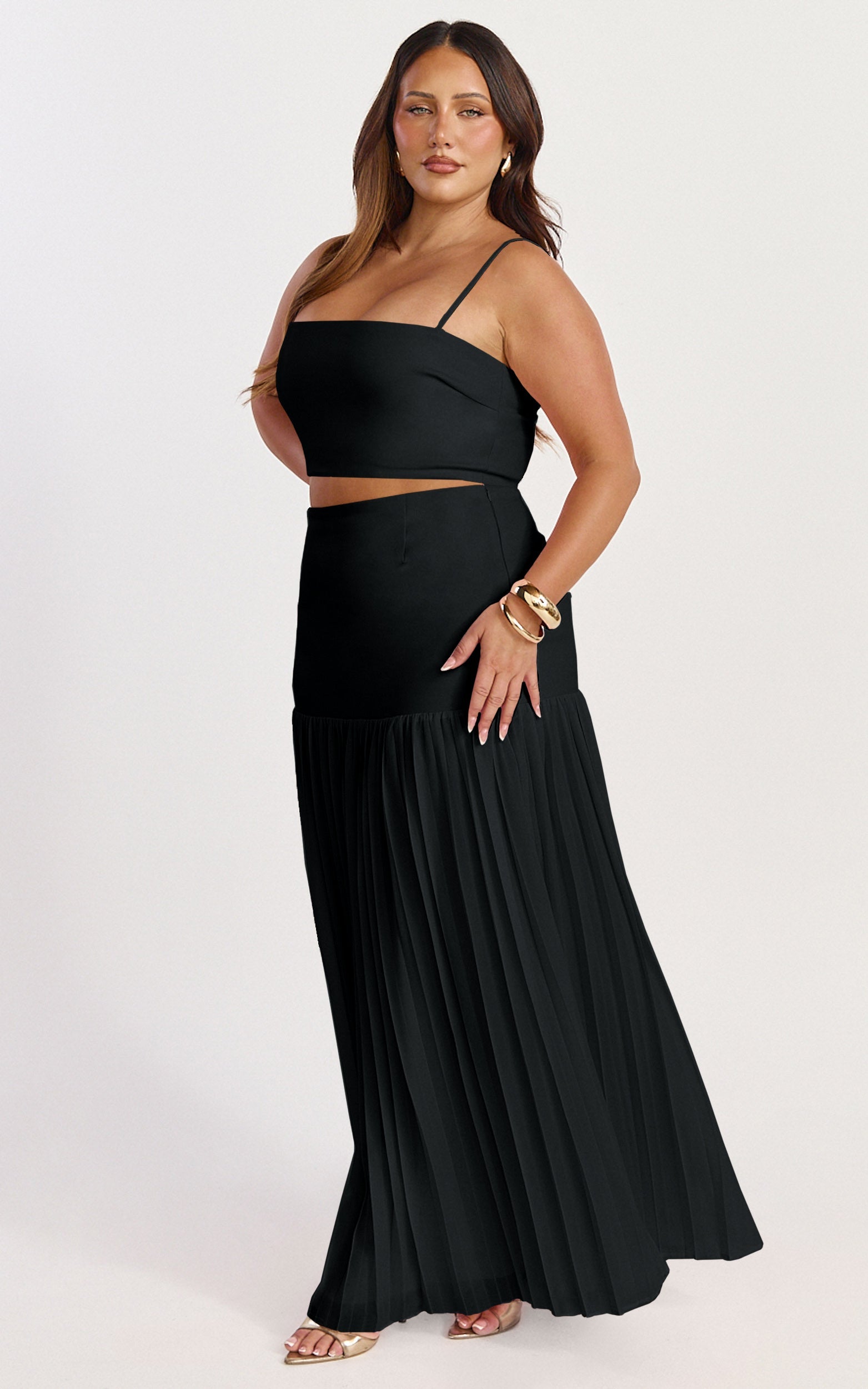 Rowan Two Piece Top and Skirt Set - Square Neck Crop Top and High Waist Pleated Maxi Skirt Set in Black