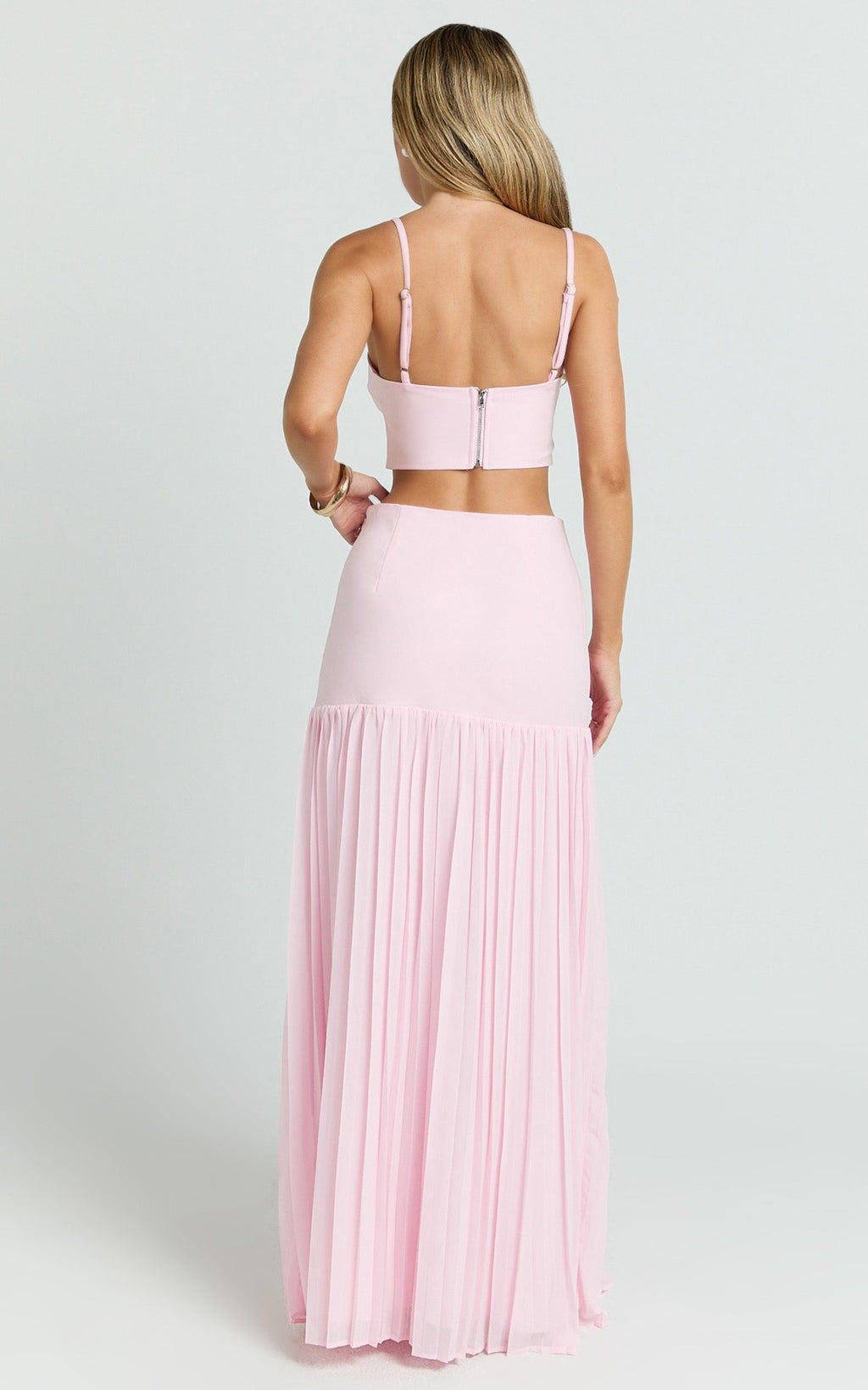 Rowan Two Piece Top and Skirt Set - Square Neck Crop Top and High Waist Pleated Maxi Skirt Set in Pink